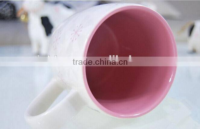 creative simple barrel shape of white120 oz carved sakura gift ceramic coffeee mug with lid