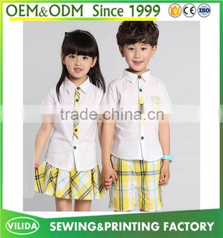 Hot selling kindergarten uniform new fashion primary school uniform white shirt and yellow checked shorts or skirt