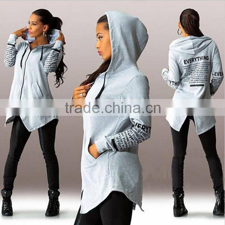 Wholesale 2016 Fashion Women Slit Back Letters Printed Hoodies Ladies Alphabet Long Velvet Zip Up Custom Hoodie Manufacturers