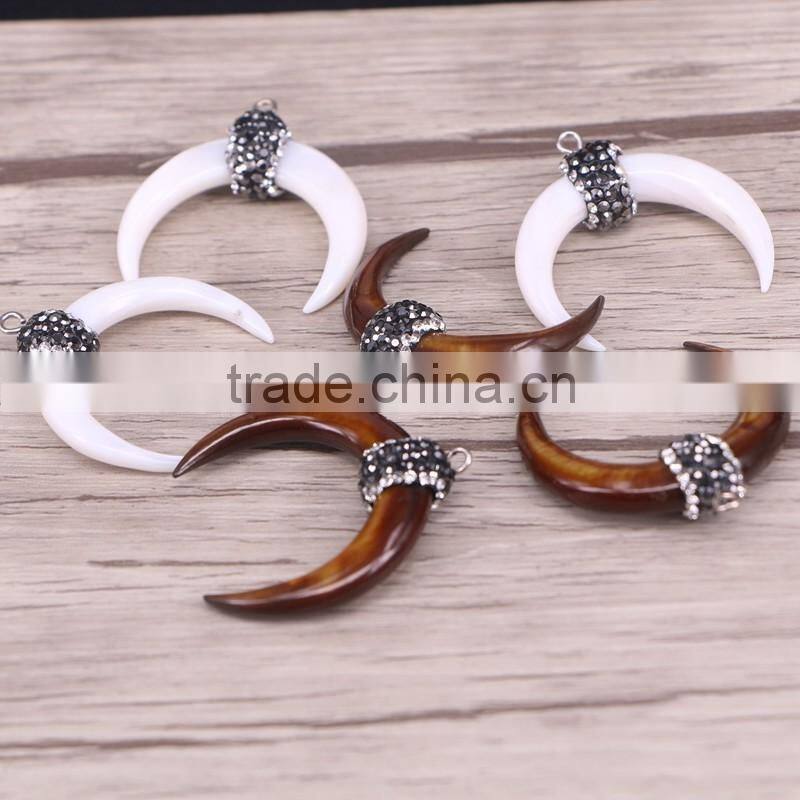 Charm Natural White / Brown Shell Druzy Pendant, Pave Crystal Double Horn Pendant
