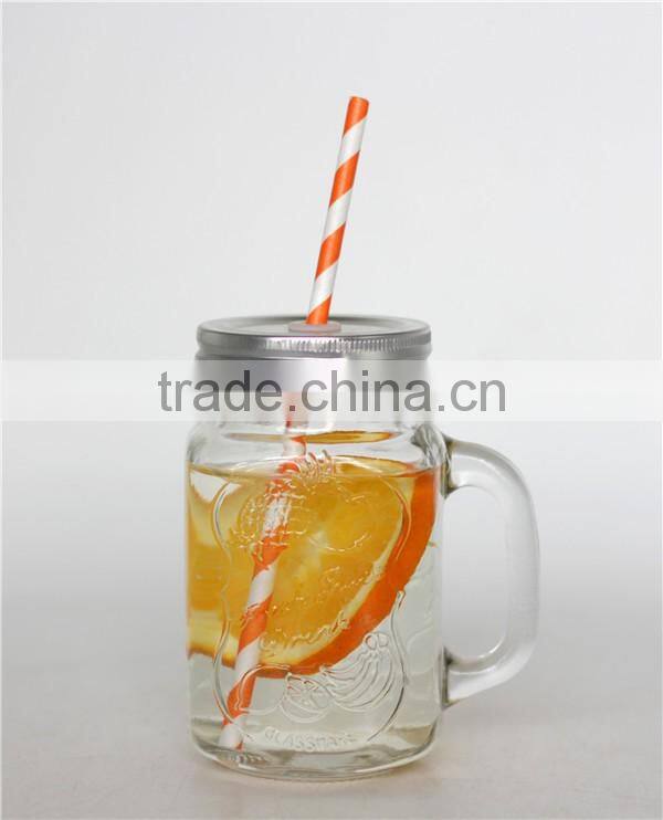 wholesale glass mason jar with handle and metal lid straw 480ML