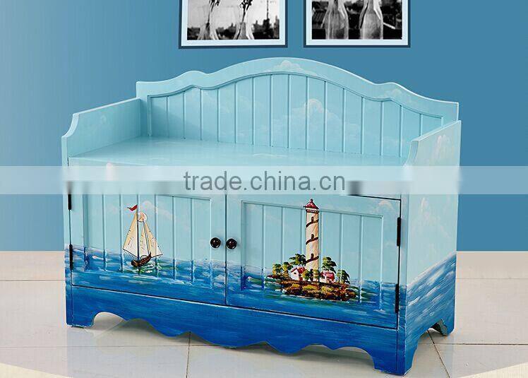 Mediterranean Style Shoe Cabinet, Sailing Boat Handpainting Changing Chair, Solid Wood Chair for Changing Shoes (BF01-X1158)