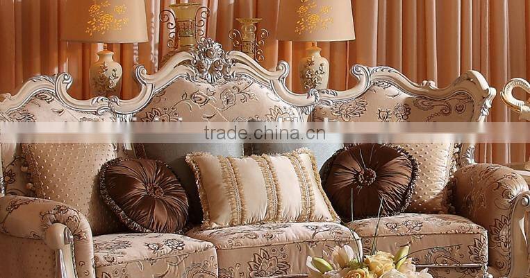 Wooden living room furniture ivory frame antique silver carving fabric sofa set