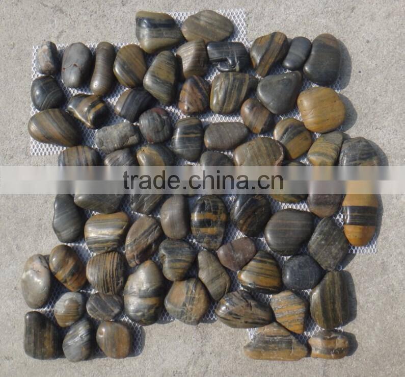 stripe polished pebbles tile;pebble mesh tiles;striped pebble mesh