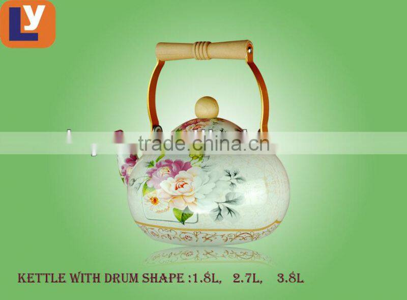 enamel tea kettle with wooden handle