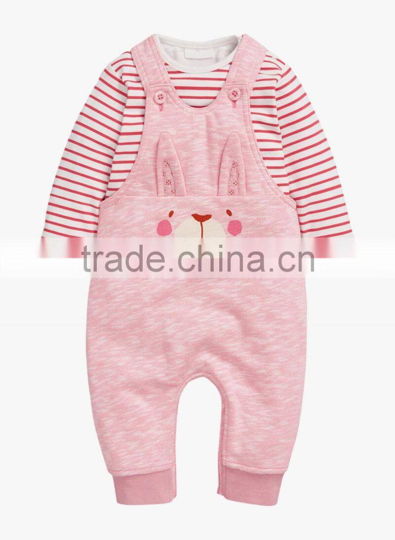 Cute Baby Girls Pink Bunny Dungarees And Bodysuit Set Romper Kids Clothing Unisex Child Clothes 2016 HSD5722