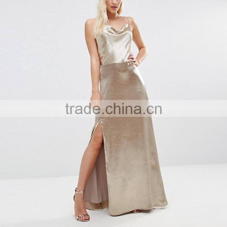 2016 Pictures of Ladies Prom Gown Dresses Cowl Front Strappy Evening Cami Maxi Dress With Thigh Split HSd7464