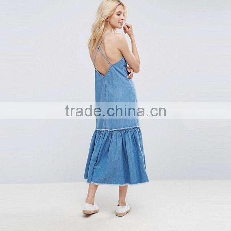 2017 Summer V Neck Cross Back Straps Maxi Long Denim Dress Woman HSD9982