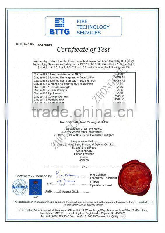 100% cotton flame retardant satin drill fabric 32/2*10/108*56