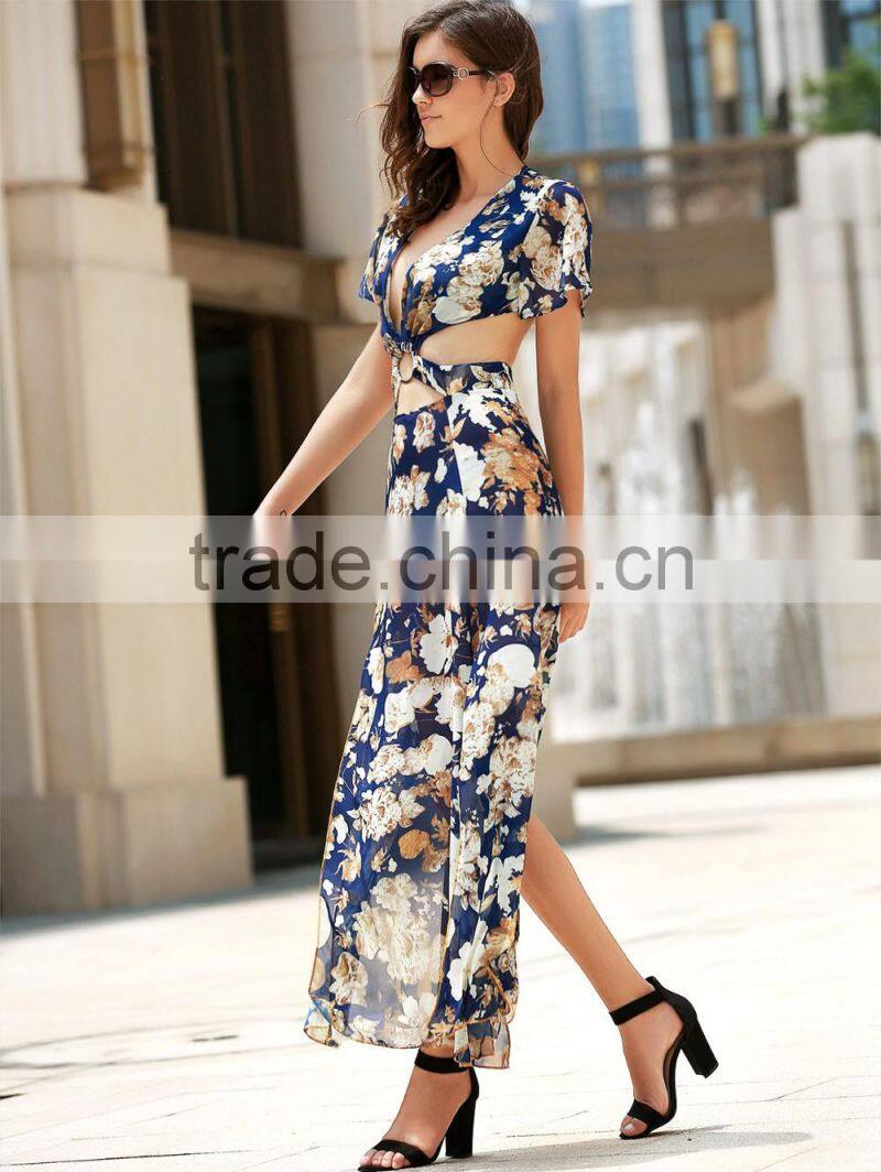 Women summer beach fashion maxi dress floral print women cuting long dress