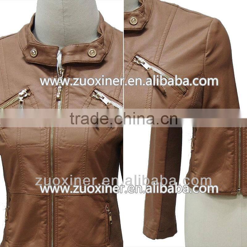 new design round collar ladies leather jacket