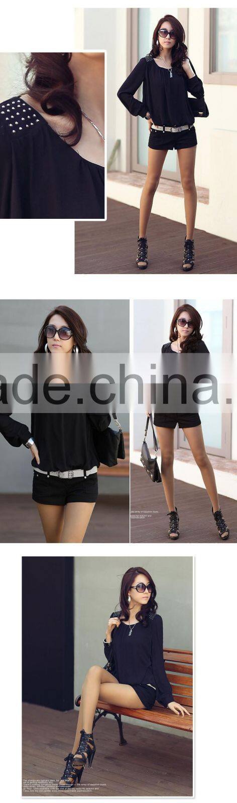 2016 Wholesale cheap price Women chiffon shirts outfit rivet cute doll Long sleeves design women chiffon casual Top Blouse