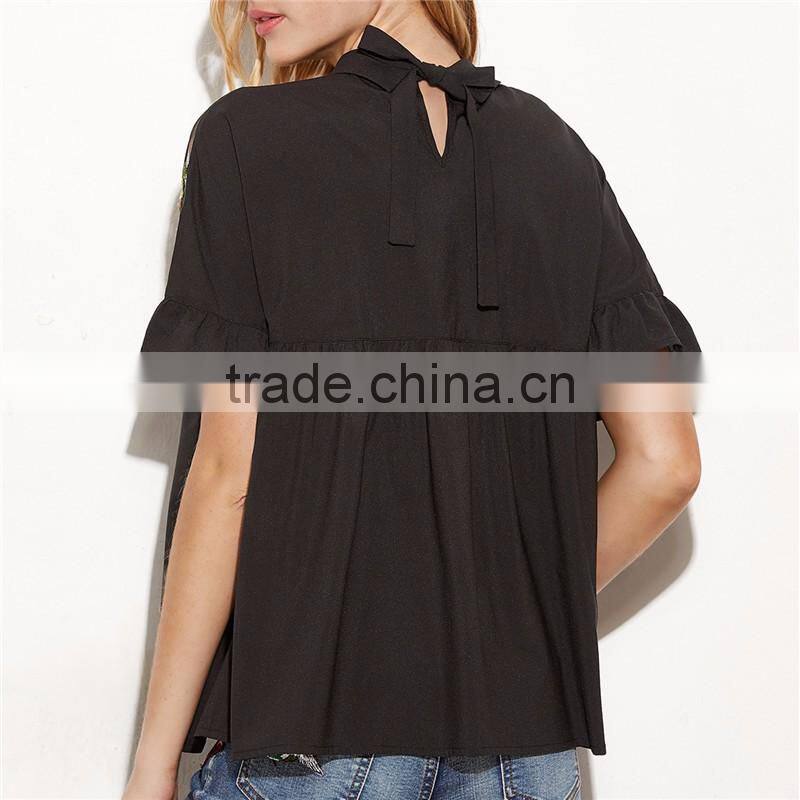 Hot sell embroidered ruffle cuff sheer tie back blouse neck designs cutting