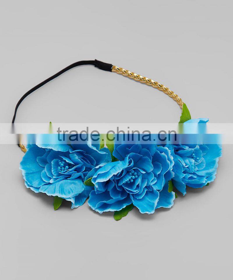 2016 New Turquoise And Gold Braid Flower Crown Headband For Little Girl Blue Headband For Kids Children Accessories A-NP-HA905-2