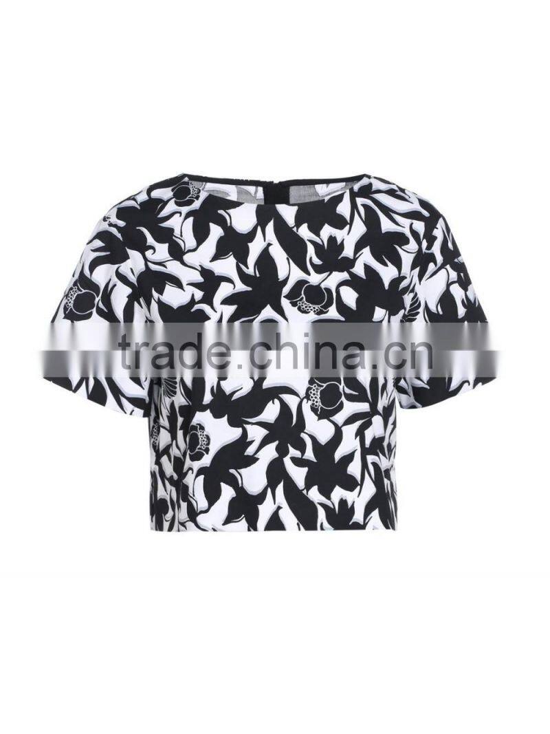 Womens cotton full printing loose back zipper-up shirt/blouse