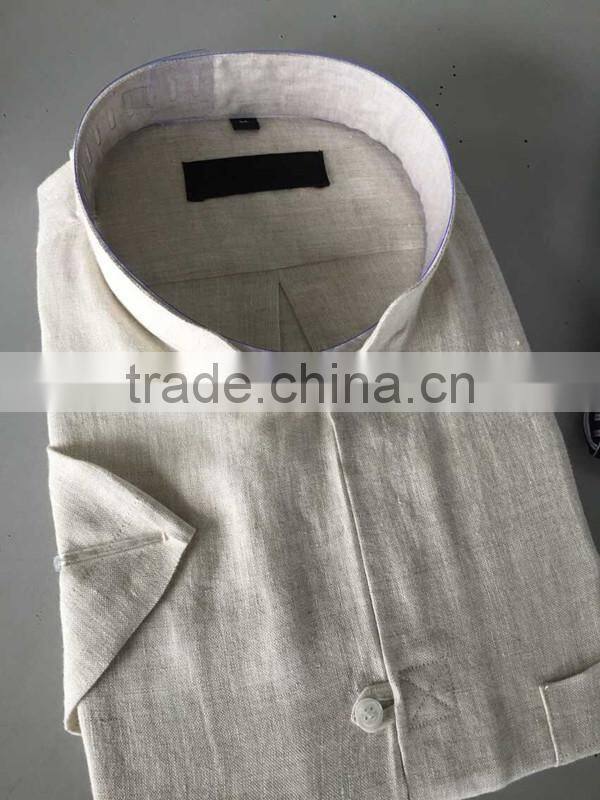 Beige linen Mandarin collar special buttonhole Mens casual dress shirts