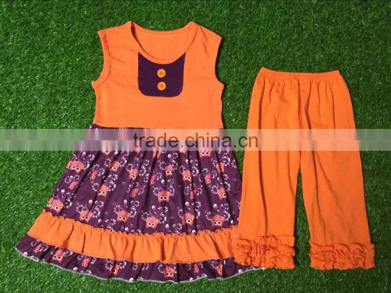China suppliers Halloween children outfits ruffle sets dress and pants 2 orange buttons summer clothes