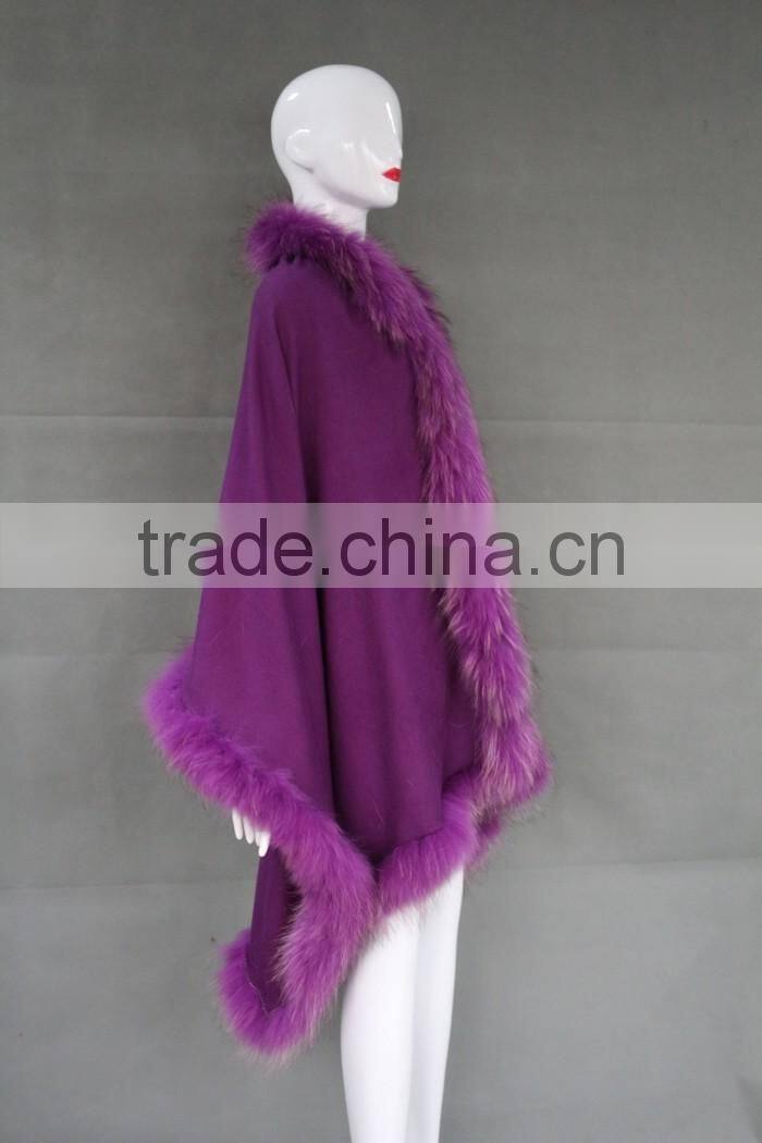 Wholesale Ladies Latest Cashmere Shawl & Fur Cape With Raccoon Fur Trims