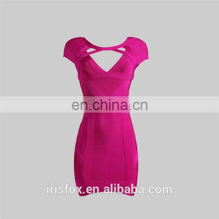 V neck cap sleeve short bandage dresses
