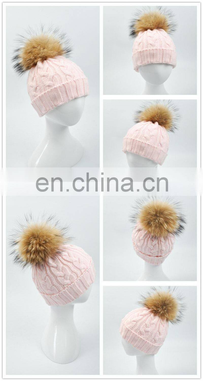 Wholesale Handmade Thick Warm Winter Hat With Natural Raccoon Fur Ball Knitting Baby Beanie