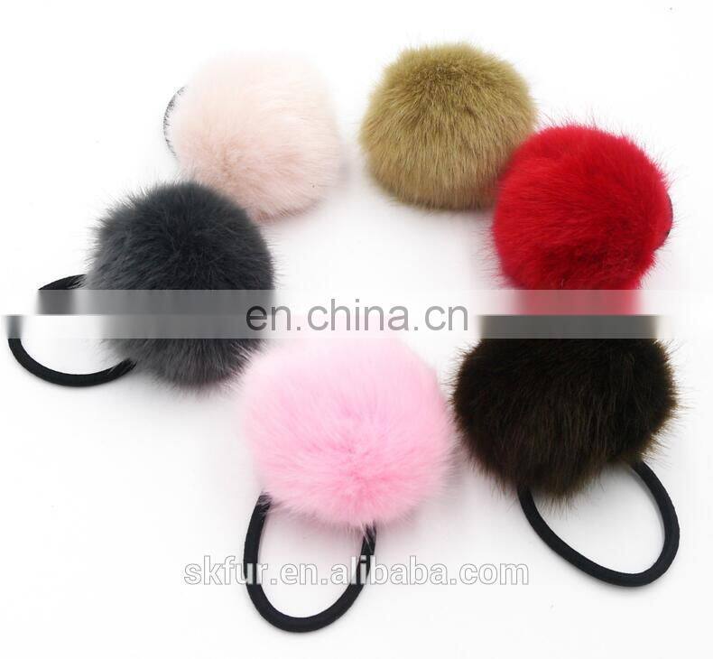Factory wholesale elastic hair rubber tie with rabbit or faux fur ball for girls and women