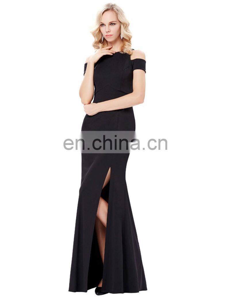 Kate Kasin Full-Length Cap Sleeve Long Black High Split Prom Dress KK001017-1