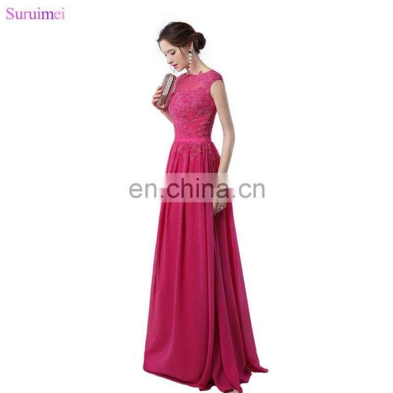 Rose Red Bridesmaid Dresses Lace Applique With Cap Sleeves High Neck Floor Length Chiffon Long Brides Maid Dress Vestidos De