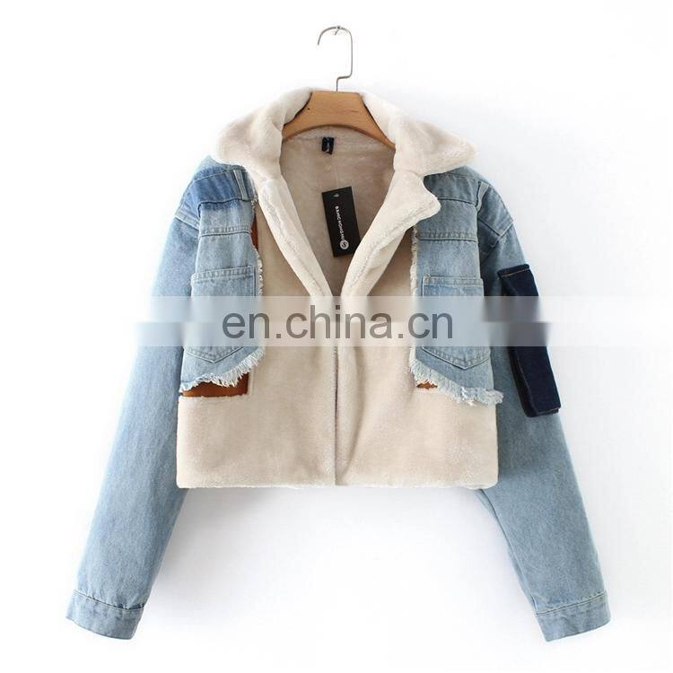 Custom LOGO High Quality denim windbreaker jacket lined with fleece coats wool jackets With Patches For Women's coat