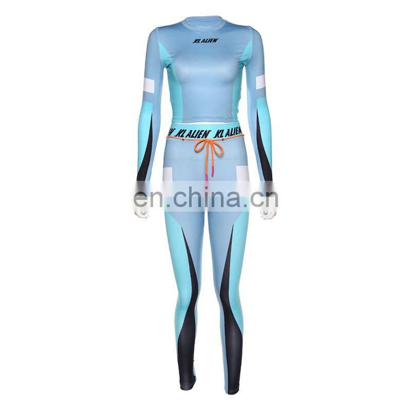 Wholesale printed fitness sportswear yoga suit ladies 2-piece long sleeve crop top leggings sportswear suit