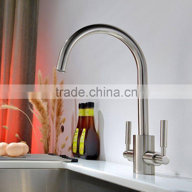 Commercial Double Handles Brushed Kitchen Mixer Taps, Swivel Spout Sink Kitchen Taps