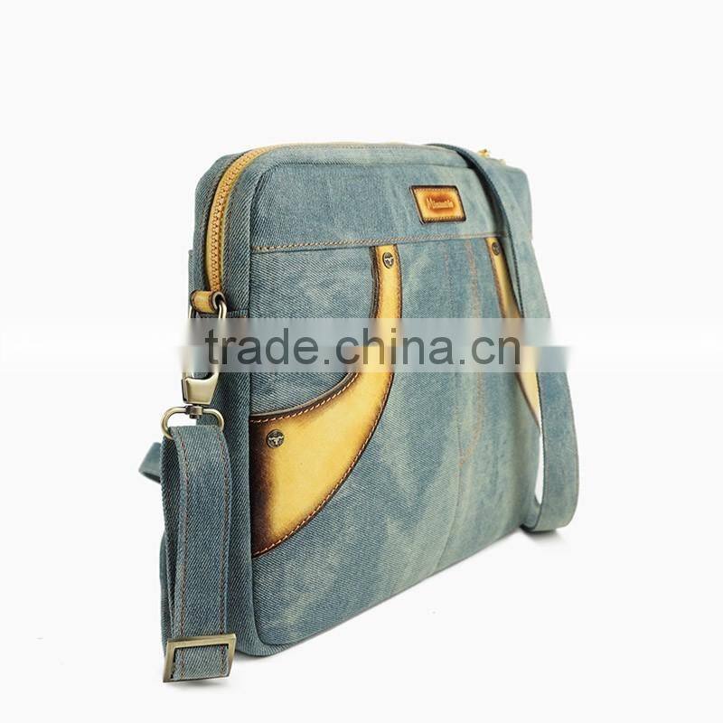 Genuine leather bag women designers laptop bag shoulder bag for ipad with jean denim