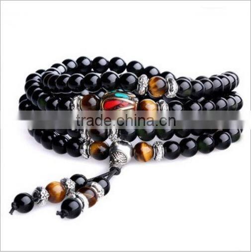 8mm Multilayer yellow Tiger Eye and black Obsidian Malas Prayer Beads Bracelet