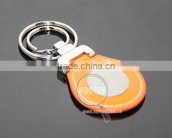 Oval Shaped Orange Leather Double Alloy Keyring Stainless Steel Sticker Metal Leather Key Fobs