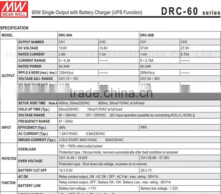 Meanwell ups function DRC-60A 60w 13.8v switching power supply