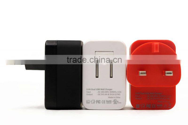 UK standard 5V 3.4A universal dual usb wall charger for home and travel charger