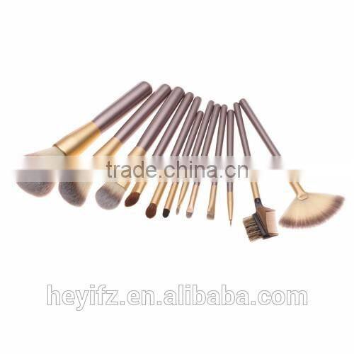 Hot Sell Wood Handle Synthetic Hair 12PCS Travelling Champagne Color Makeup Brush Set