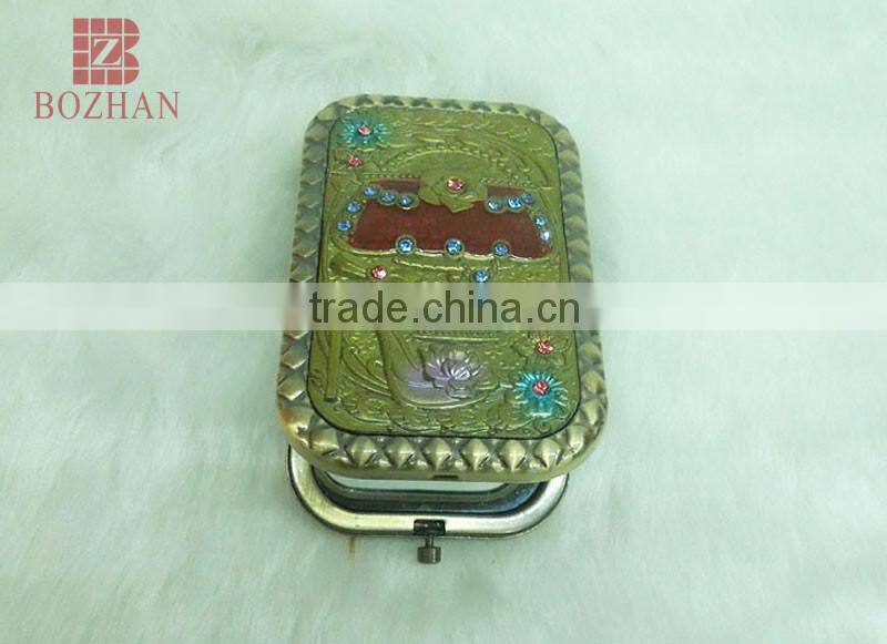 Metal souvenir compact mirror/charm brass cosmetic rhinestone mirror