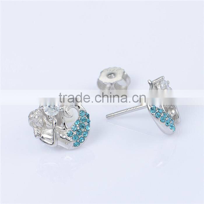 Wholesale Mermaid Jewelry Blue Crystal Sterling Silver Charms Earrings