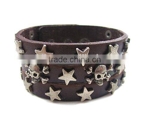 Handmade Wide Leather Skulls & Stars Wrap Bracelet