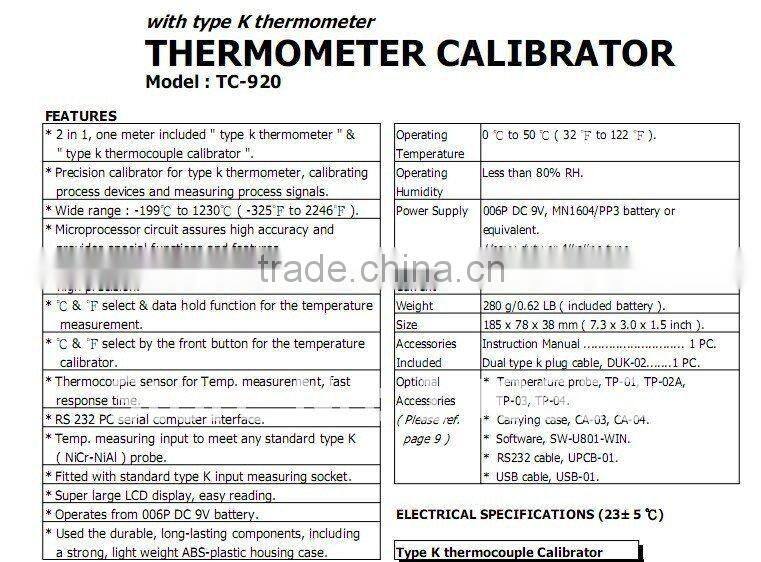 NEW -199.9~1230 C, K type Thermometer and Thermometer Calibrator TC-920