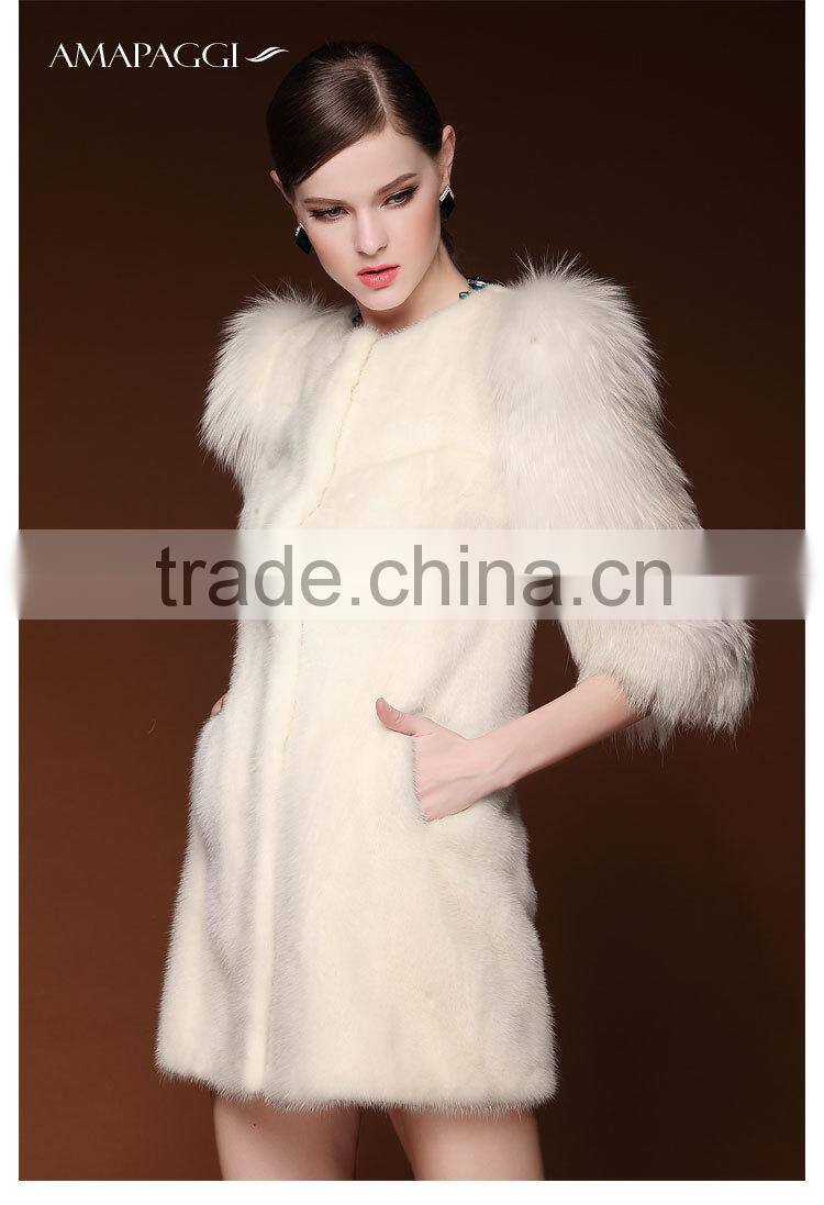 Factory promote white fox sleeve mink fur coat for women