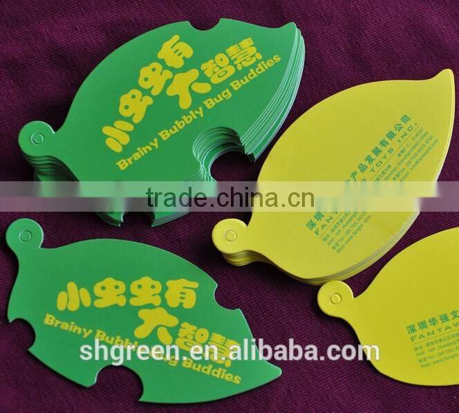 Center fold paper hangtag with plastic string tags for jeans denim