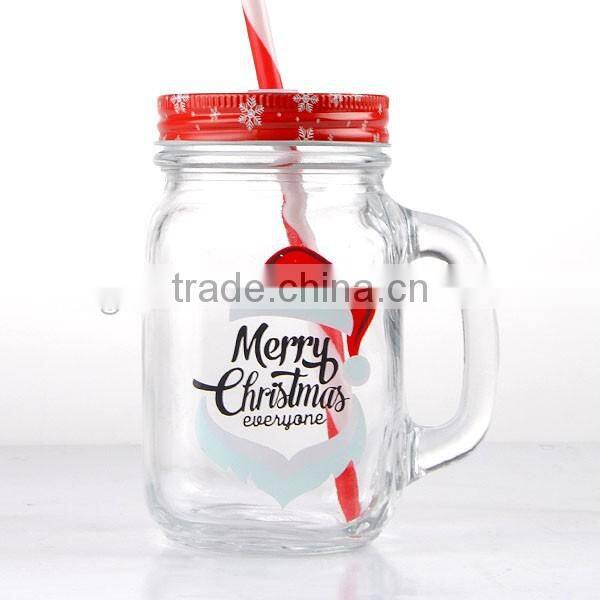 Christmas Theme Glass Mason Jar with Handle and straw