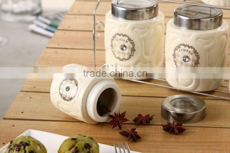 ceramic canister set with stainless metal stand
