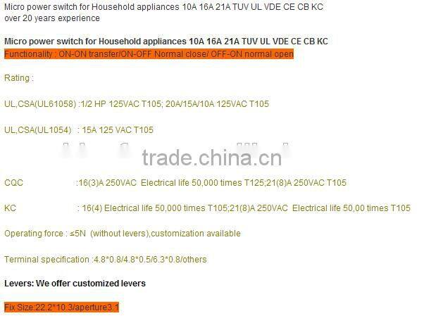 fs065 15A 250VAC micro switch with lever , ul tuv approval low operating force micro switch