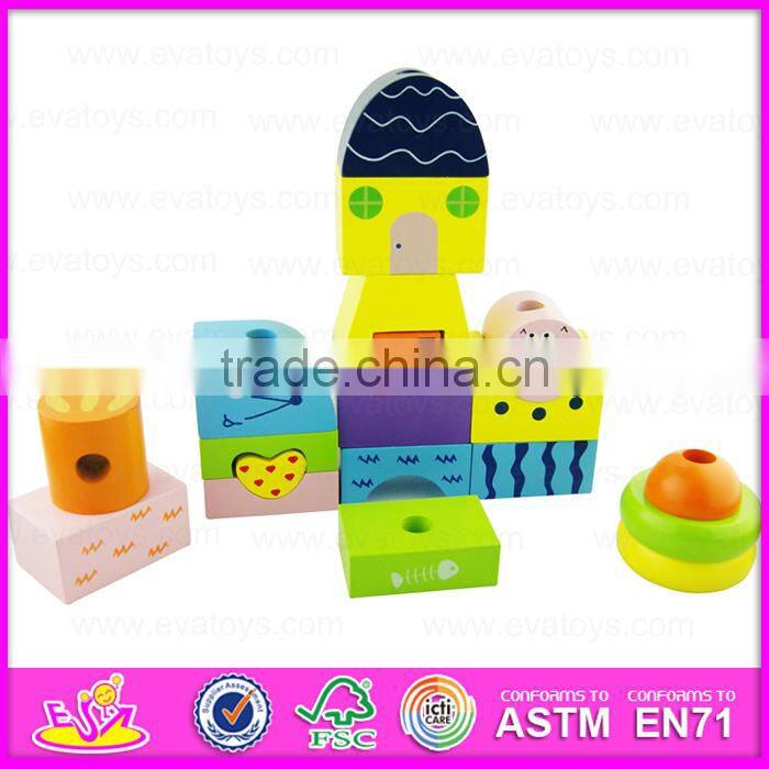 Kids wooden train set pull along toy,Wooden block train toy for children,Pull Shape Block Train Toy W05C021