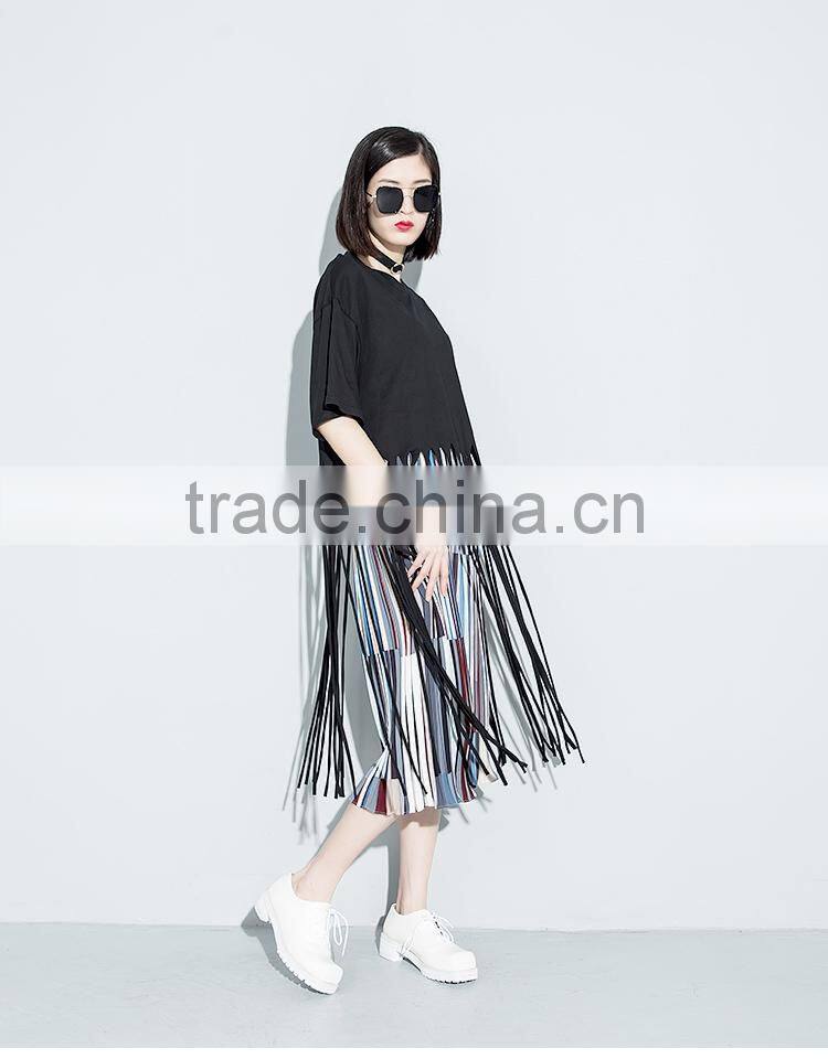 Guangzhou clothing OEM o neck half sleeves black long tassels tshirt