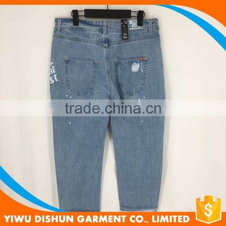 Women good quality fashion print worn brand blue jeans with holes