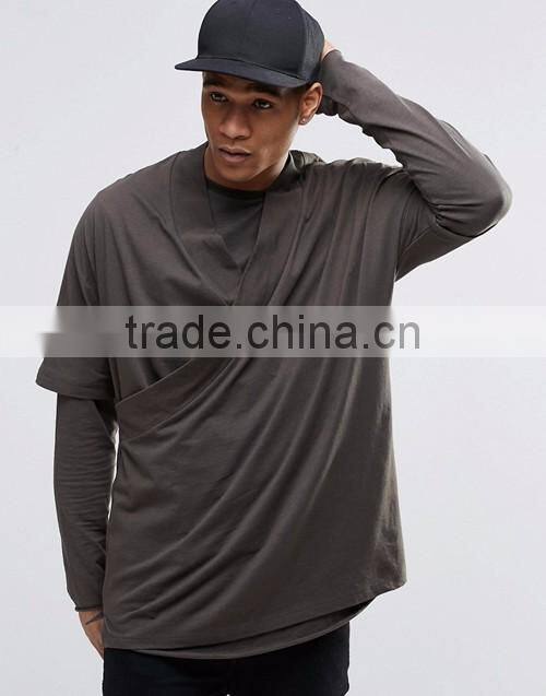 Customize men plain fashion oversized long sleeve double layer kimono t-shirt / tees