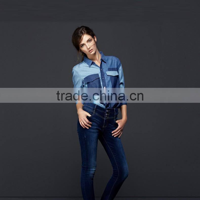 hot sale women denim shirt with pocket and block fashion design hot sale